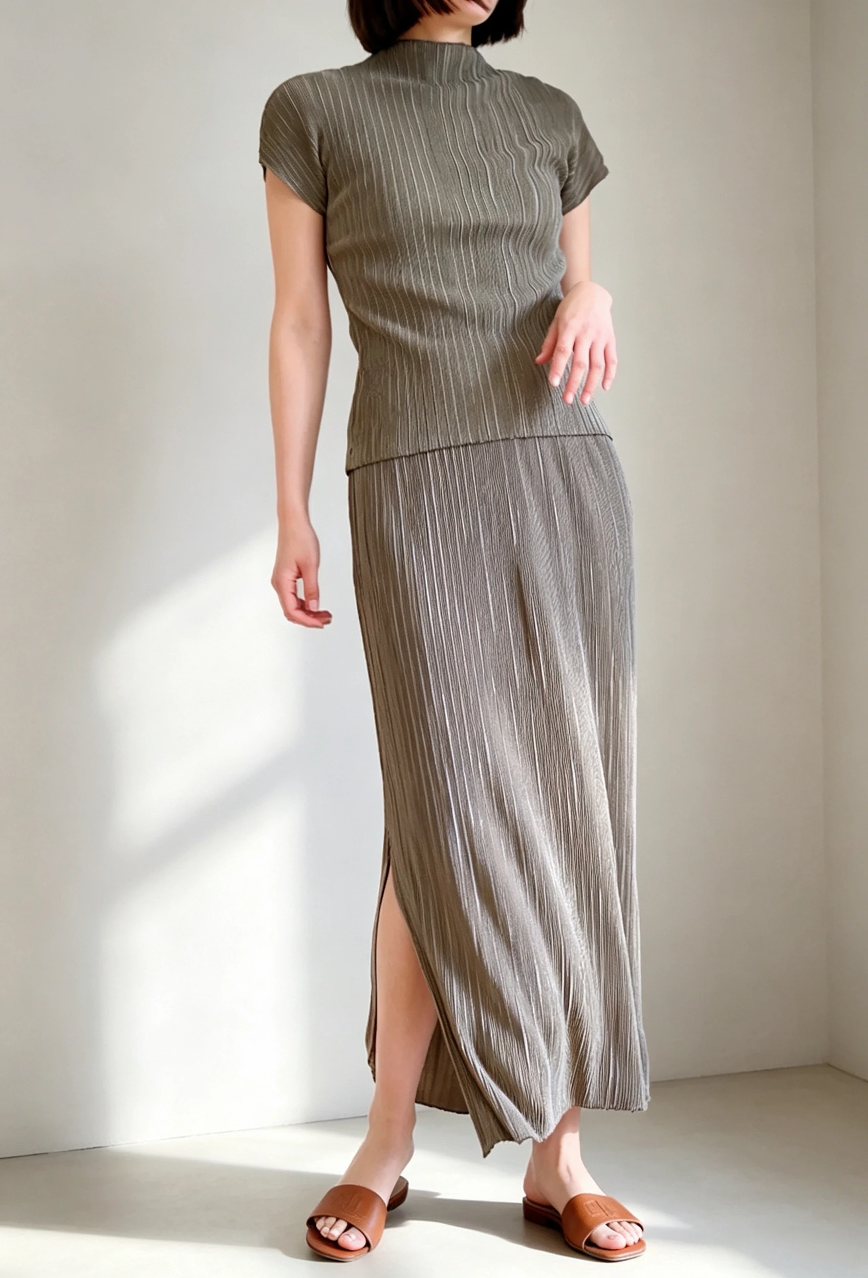 ALSEY Miyake Pleated Women 2 Piece Set Mock Neck Cap Sleeve Top Side Slit Long Skirt Wrinkle Texture Elegant Casual Office