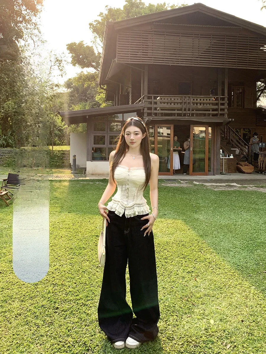 

Женские летние винтажные джинсы свободного кроя с широкими штанинами, слегка расклешенные, прямые, из денима, повседневные, с высокой талией, из смесового хлопка, на молнии