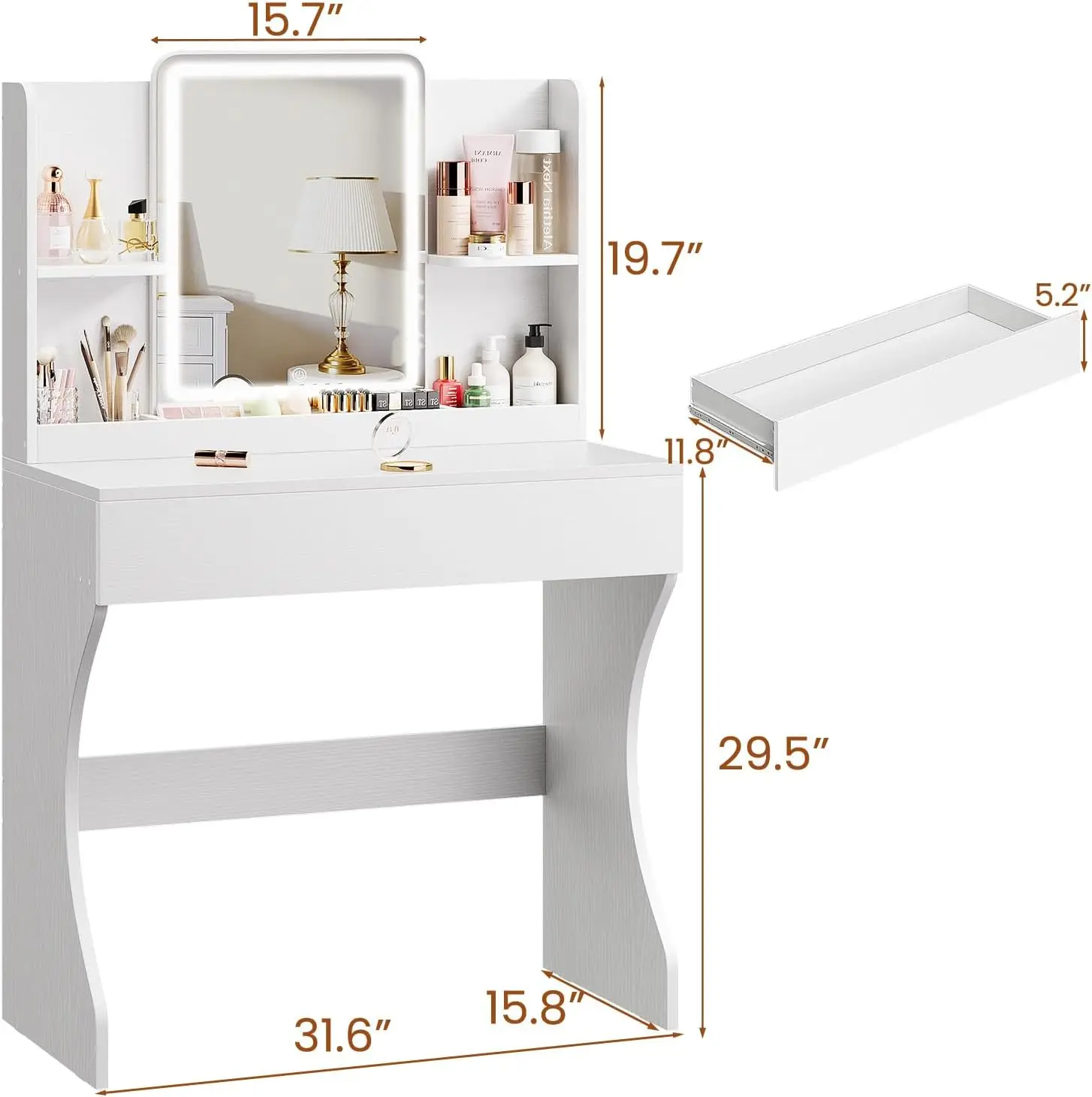 White Small Makeup Vanity Desk with Mirror, Lights, Storage Drawer, 2 Shelves and 3 Compartments for Bedroom view 2