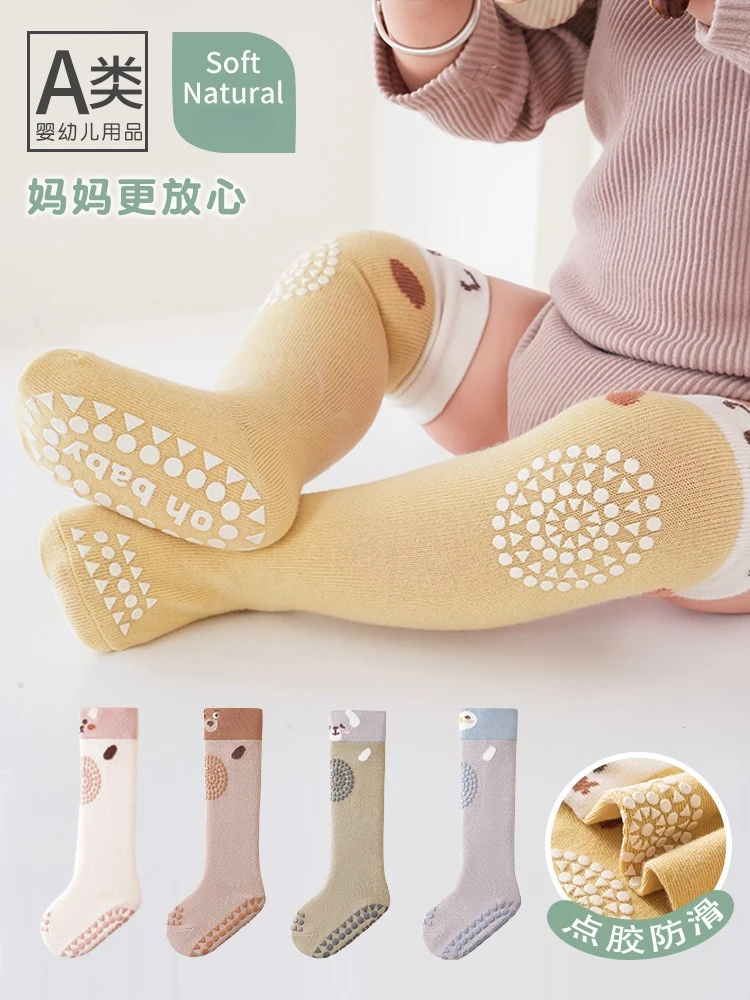 Baby Boys Knee-High Socks with Non-Slip Grips, Cute Animal Design, Baby Cotton Walking Anti Slip High Tube Socks