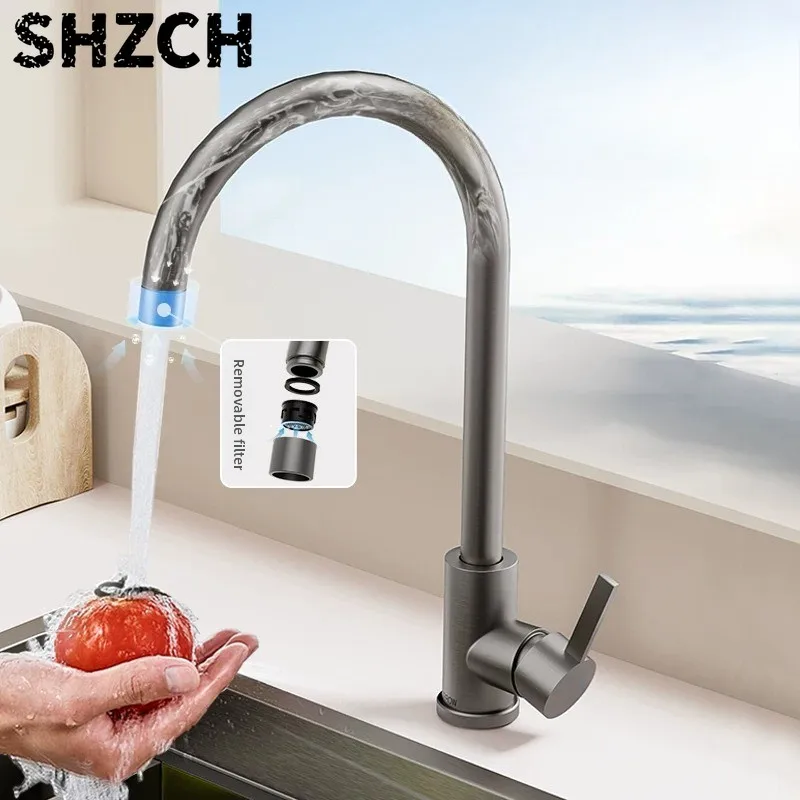 Gun Gray Kitchen Faucet, 304 Stainless Steel Hot Cold Mixer, Dual Control Ceramic Valve, Brushed Anti Fingerprint Sink Tap