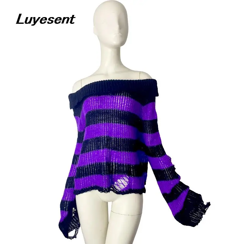 

Female Punk Slash Neck Pullover Gothic Sweater Y2k Girl Striped Hollow Out Off Shoulder Sweaters Dark Goth Knitted Short Jumpers