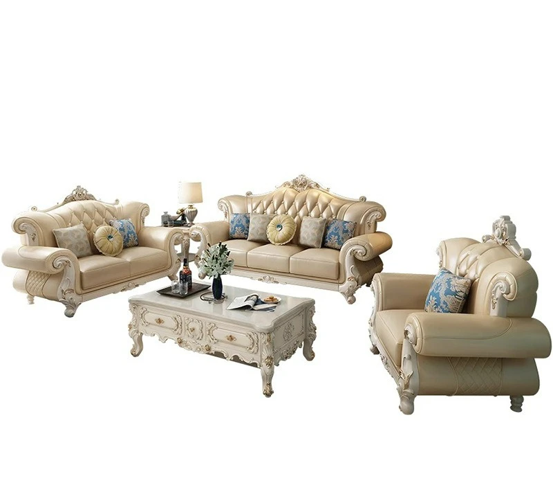 Solid wood leather European sofa 123 combination large apartment, villa American engraved luxury leather