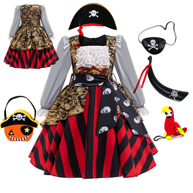 Girls Pirate Halloween Costume Long Puff Sleeve Dress Skull Print Sash Red Stripe Skirt For Kids Carnival Party Cosplay Outfit