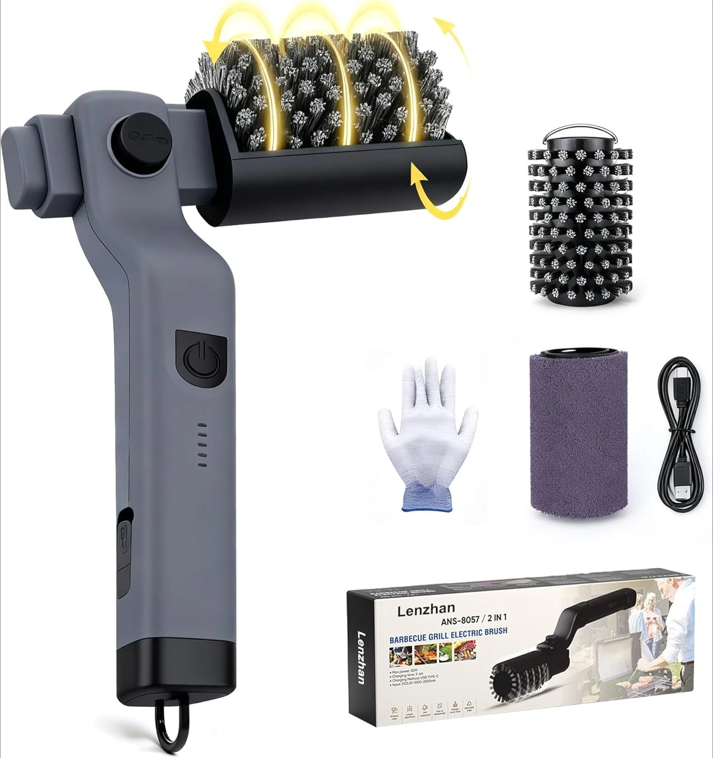 

Cordless Electric Grill Brush with Adjustable Angle, 3-Speed Power Motor & Stainless Steel Head - Rechargeable, 90-Min Runtime