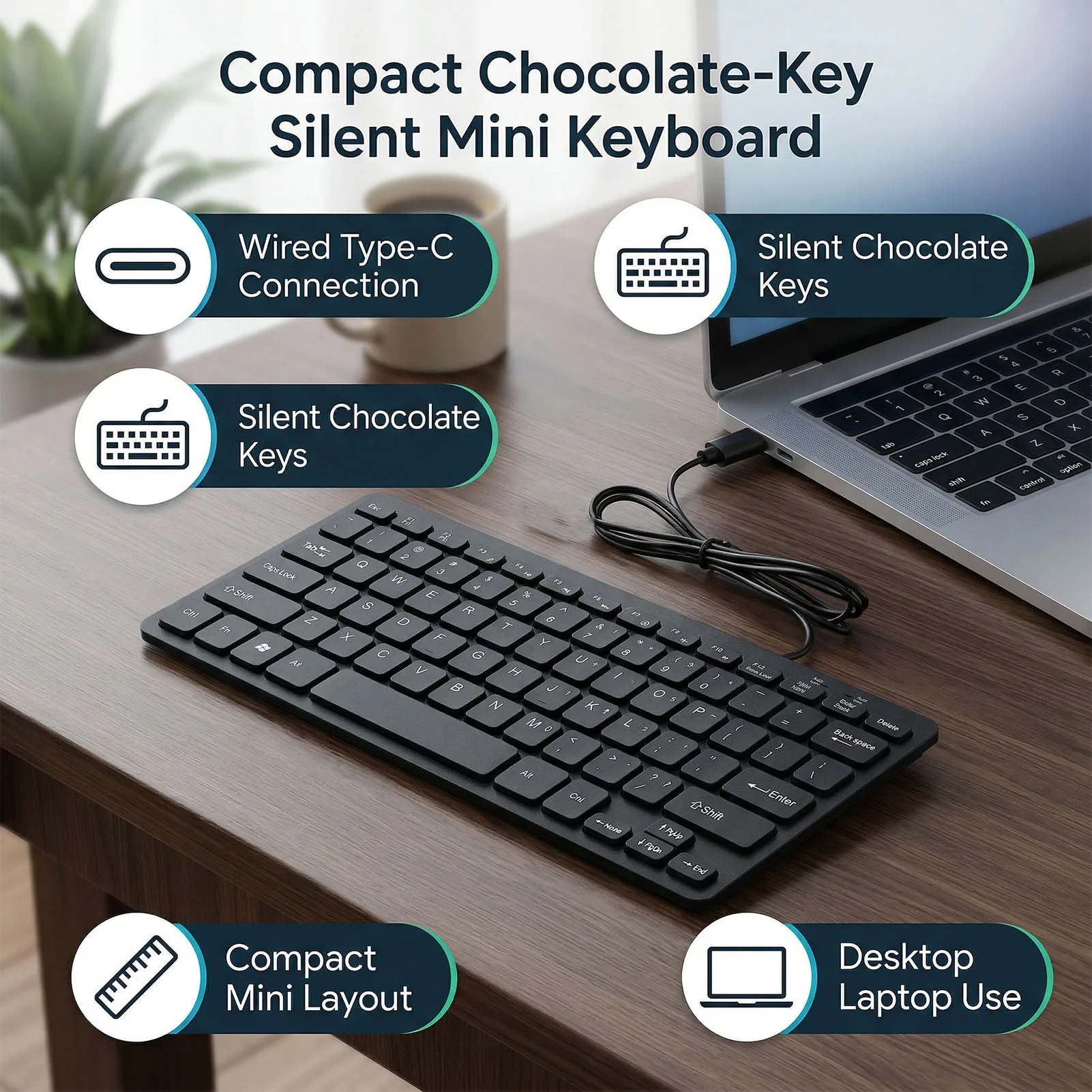 Slim Wired Keyboard Type C Wired Keyboard Quiet Lightweight Silent Chocolate Key Small Wired Keyboard for Computer PC Laptop