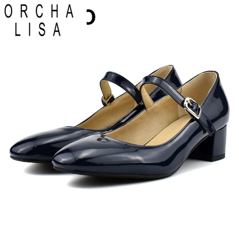 

ORCHA LISA Luxury Mary Janes Pumps for Women Square Toe Block Heels 4.3cm Buckle Strap Large Size 46 47 48 Fashion Dating Shoes