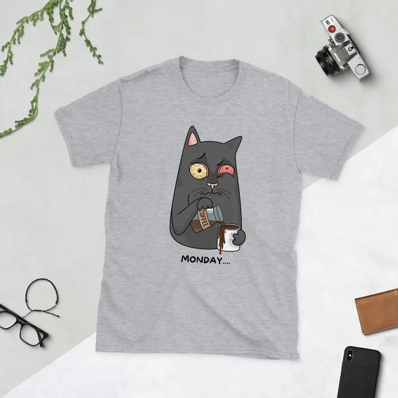 Cat t shirt,Monday Cat T-shirt, Funny Slogan with Cat Shirt, Unique Unisex Crew Neck Tee, gift for him ,gift for her