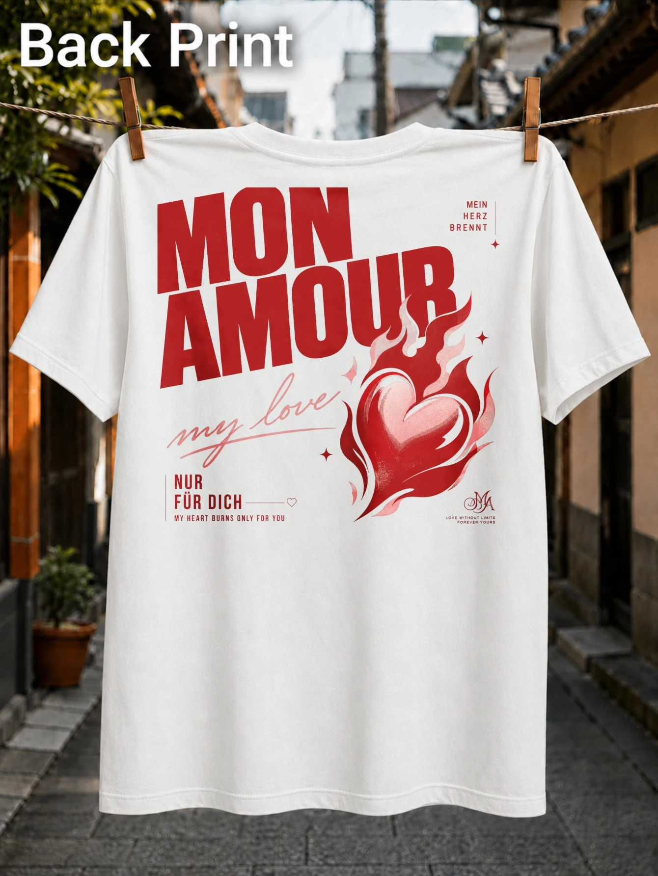 Mon Amour My Love large red typography and flaming heart illustration bold romantic poster style  Unisex All T-Shirt