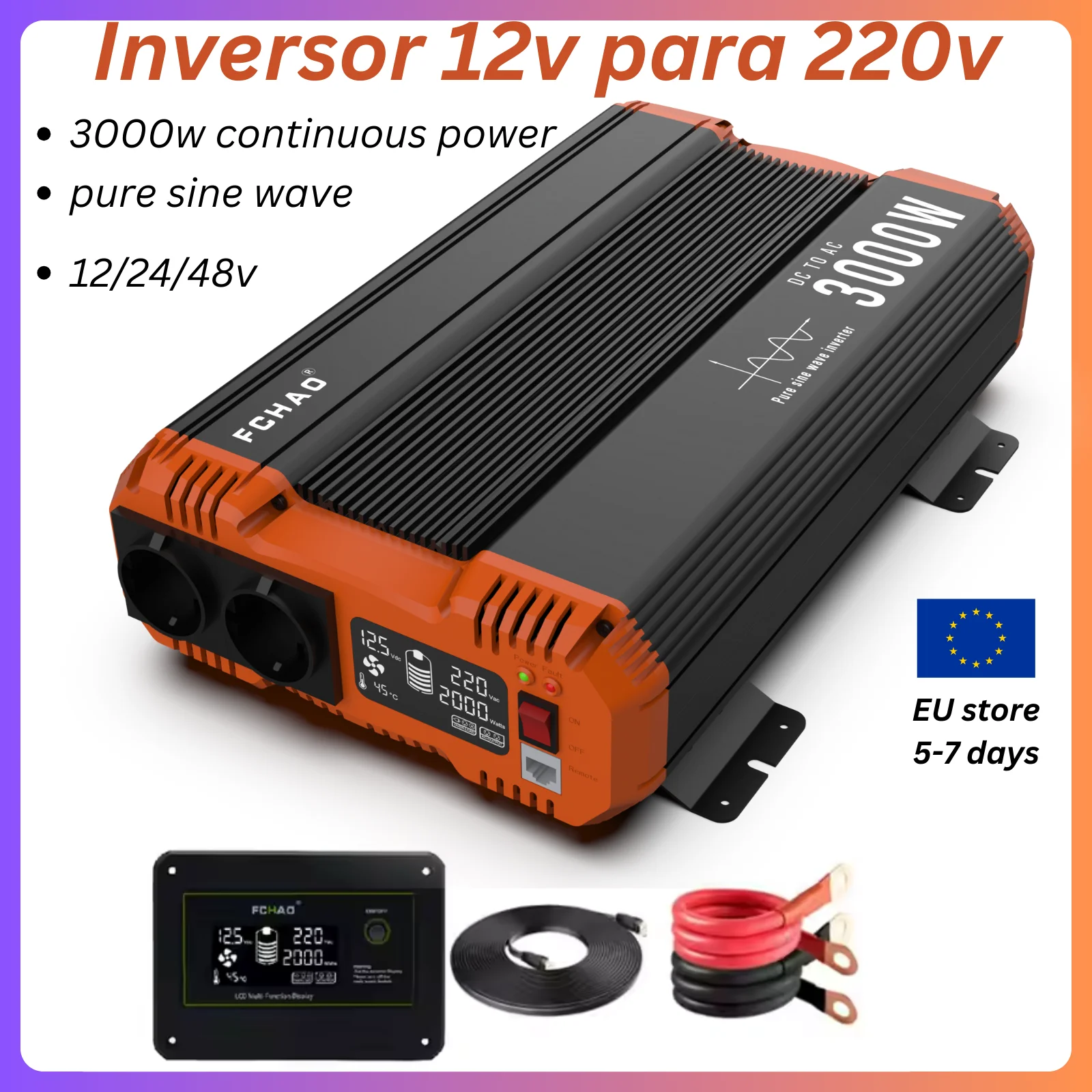 Convertisseur de puissance à onde sinusoïdale pure FCHAO 6000W (3000W en continu) DC 12V 24V 48V vers AC 220V 230V 50Hz avec télécommande