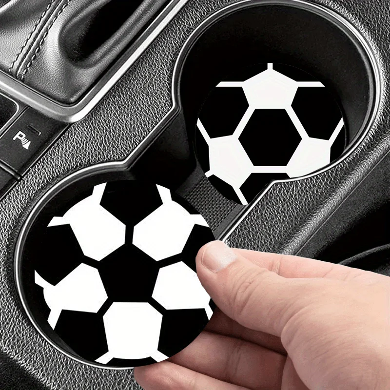 Two Matching Size Soccer Ball Pattern Car Coasters - Non-Slip Acrylic With Soccer Ball Design, Durable Car Interior Additions An