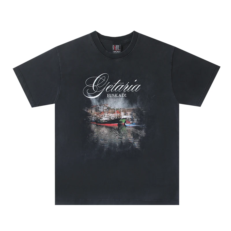 Summer Retro Vintage High Quality Pattern Printed Hip Hop Trendy Street Casual Loose Cotton T-shirt Washed Oversized Men Tops