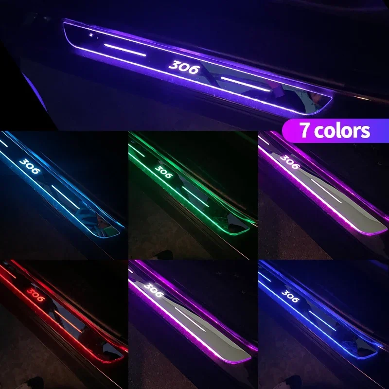 For Peugeot 306 Logo Door Sill LED Atmosphere Light Acrylic Welcome Threshold USB Illuminated Pedal Protector Car Accessories