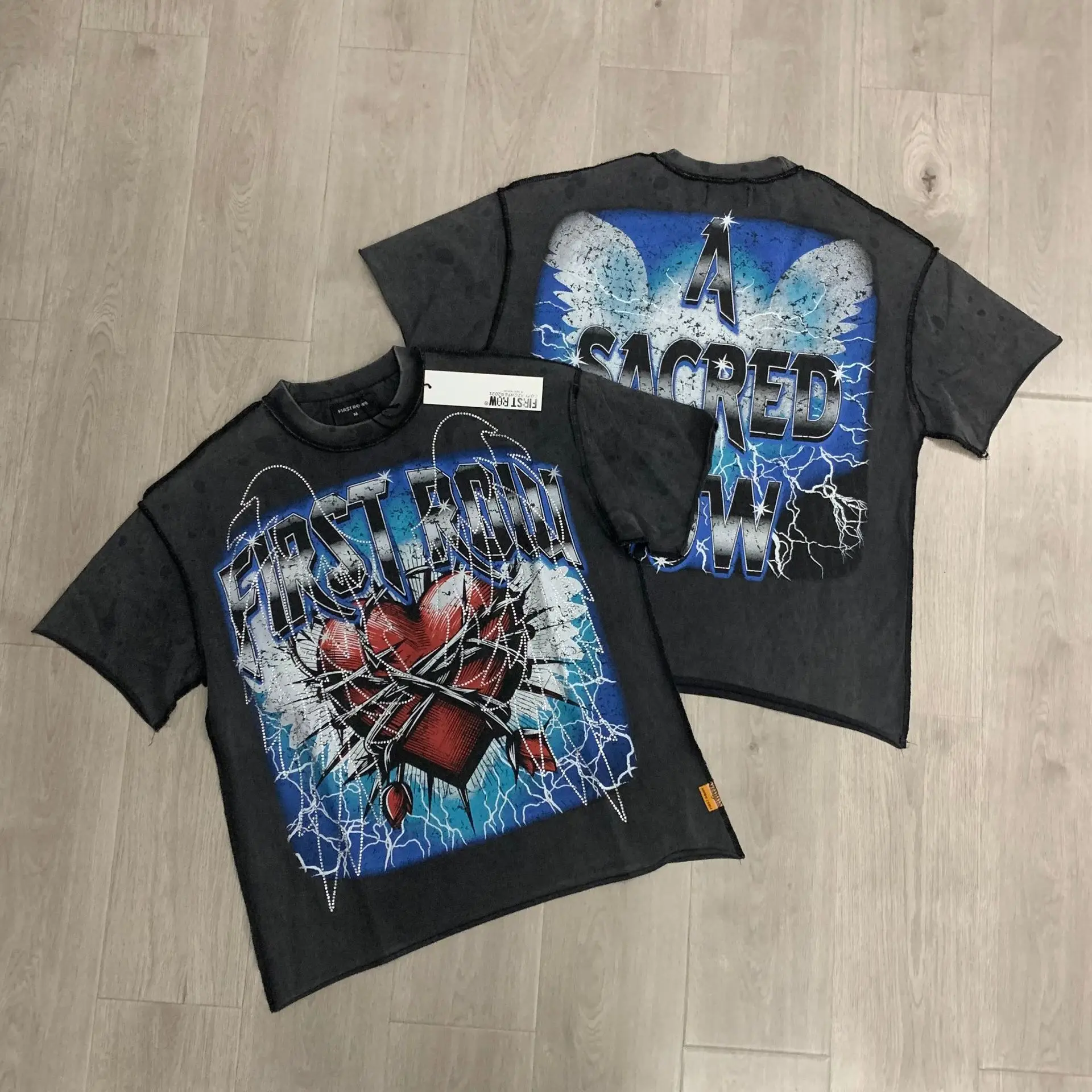 First Row Retro WAKE UP AND BE FIERCE FLAME TEE - Embroidered sequins, water-worn finish, distressed short-sleeved T-shirt