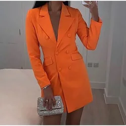 Blazer de longitud media para mujer, Blazer elegante de doble botonadura, color liso, naranja, primavera y otoño, 2023