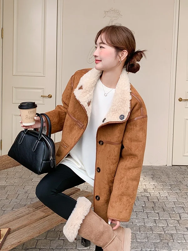 

Женская двусторонняя утепленная куртка из овечьего меха и оленьего бархата, зимнее теплое хлопковое пальто с воротником-стойкой, для повседневной носки, с длинными рукавами