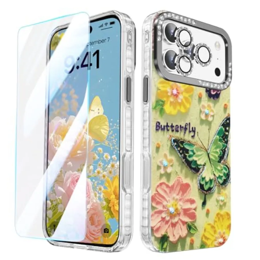 

Compatible with iPhone 17 Pro Max Case 6.9''[2025], Oil Painting Printed Flowers Butterfly Laser Glossy Pattern, Durable Protec