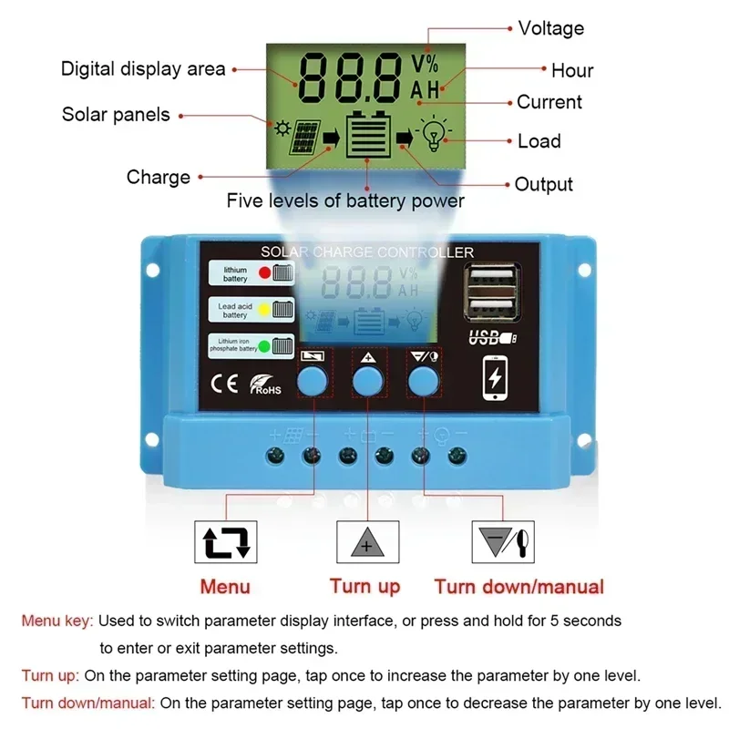PWM Solar Charge Controller 12V 24V PV Regulator with LCD Display 10A 20A 30A lithium iron lifepo4 Battery Charger Stabilizers
