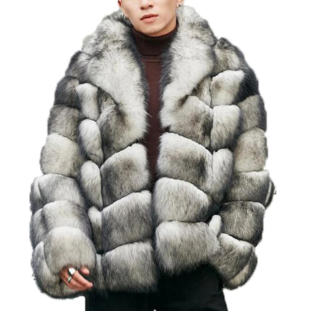 

Denny&Dora Men's Grey Color Lapel Fox Fur Coat Imported Finnish Fox Fur Natural Fur Coat Winter Warm Full Pelt