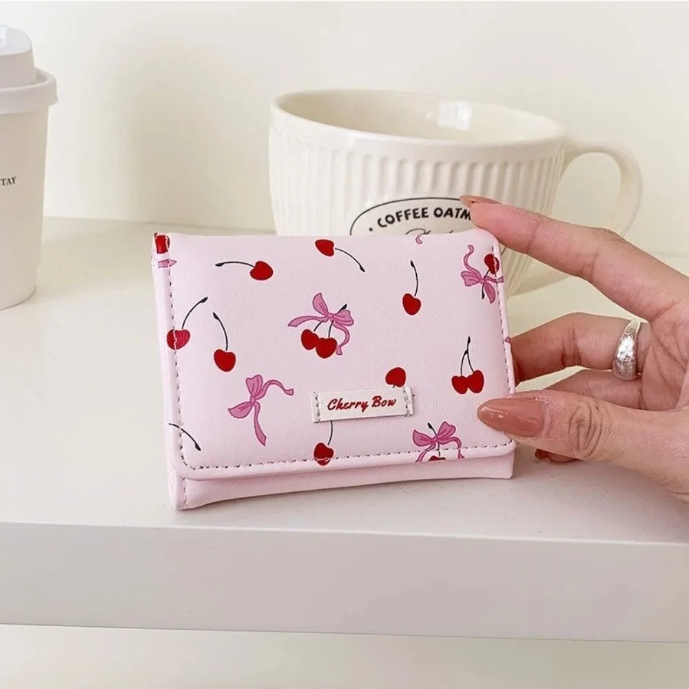 New Cherry Bow Printing Bow Printing Coin Purse Tri-fold Multi-Slot Short Wallet PU Leather Coin Pouch Women