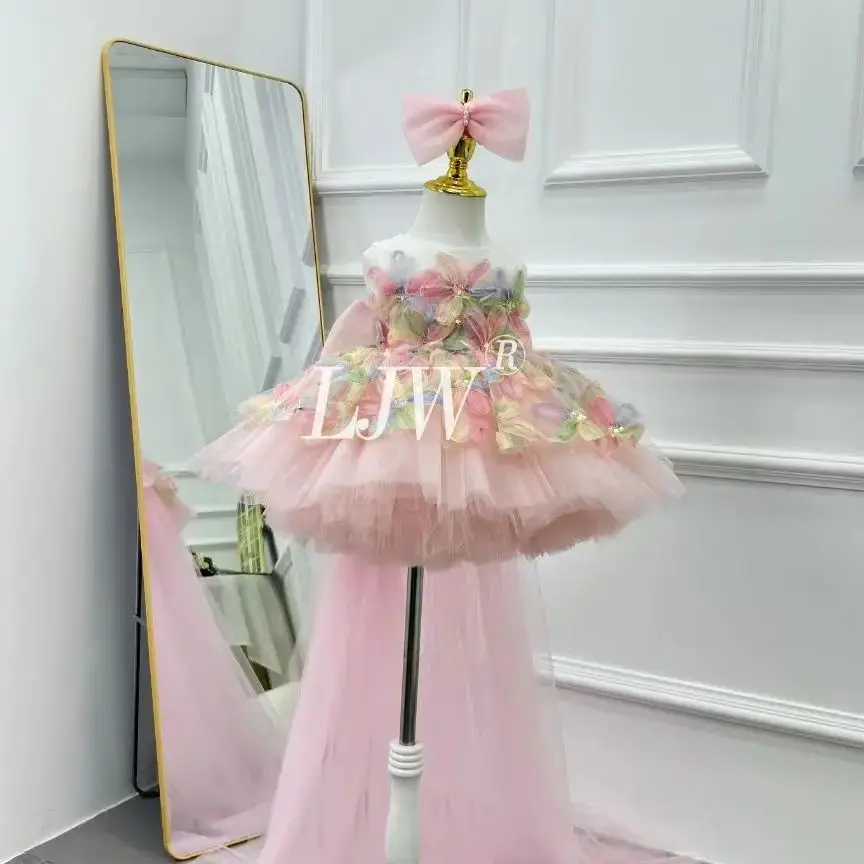 

Flower Sleeveless Little Baby Girl Long Tail Princess Dress Host's Piano Performance Wedding Birthday Girls Party Dresses childr