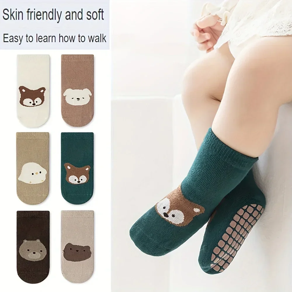 6 Paar Herbst- und Winter-Baby-Trampolin-Socken mit großflächigem Klebepunkt, rutschfeste Bodensocken für Babys und Kleinkinder, große Cartoon-Muster – Detail 2