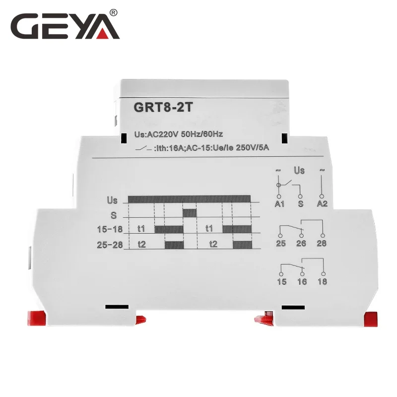 GEYA GRT8-2T Double Delay on Timer Relay AC230V OR AC/DC12V-240V DPDT Relay Din Rail Type Time Delay Relay