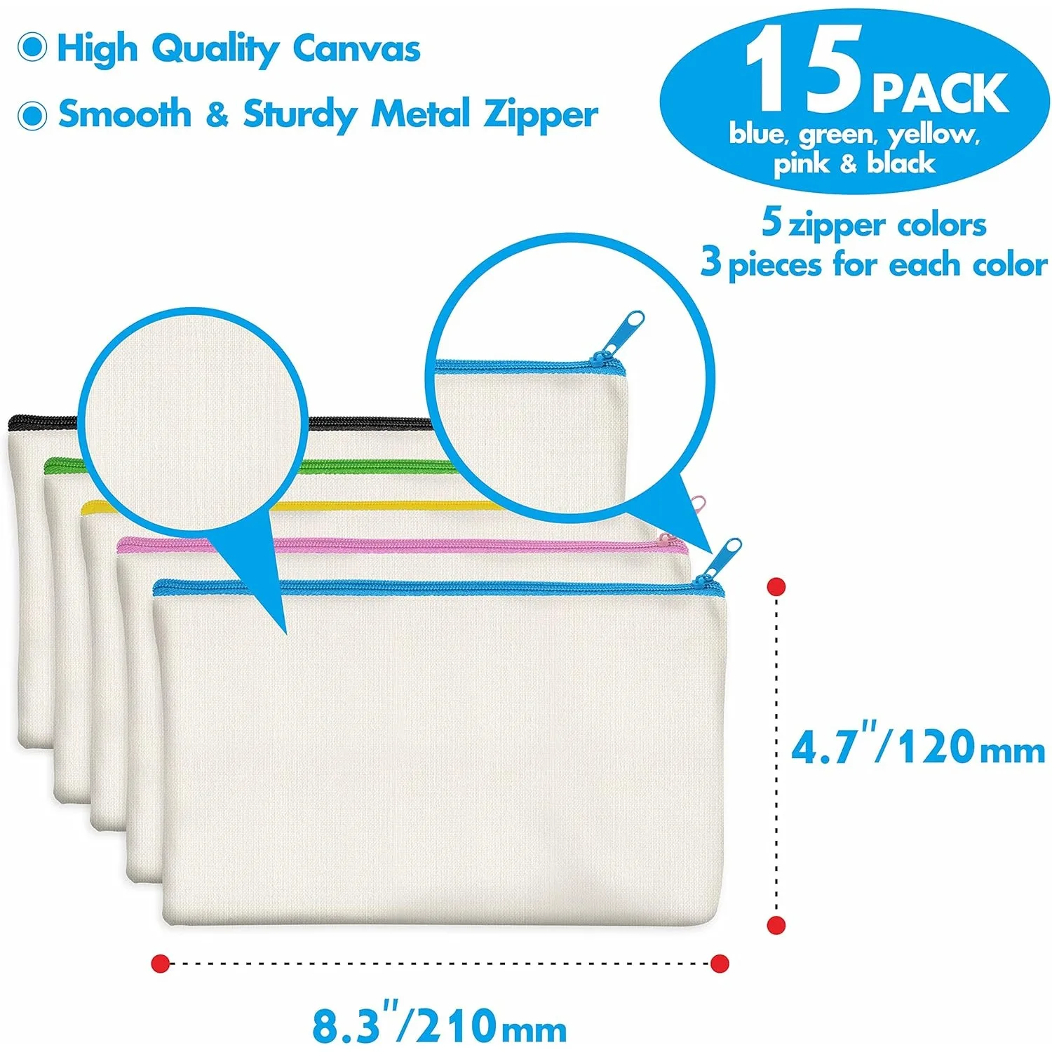 15 Pack Blank Cotton Canvas DIY Craft Zipper Bags Pouches Pencil Case for Makeup Cosmetic Toiletry Stationary Storage