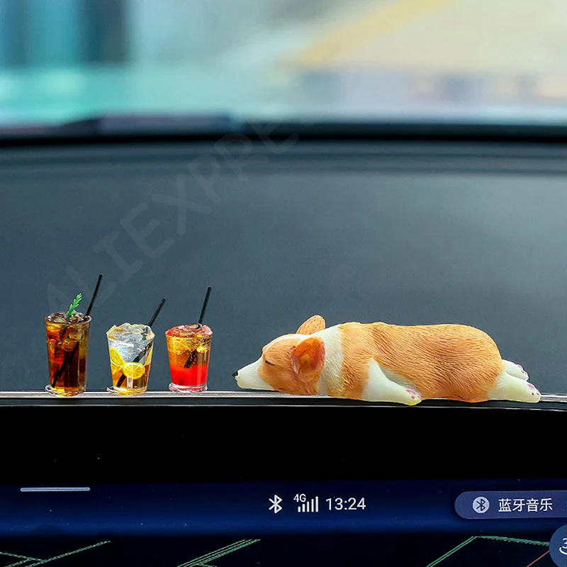 

NewCreative Mini Sleeping Corgi Car Ornament Center Console Decoration Simulation Cute Resin Animal Doll Car Interior Adorns