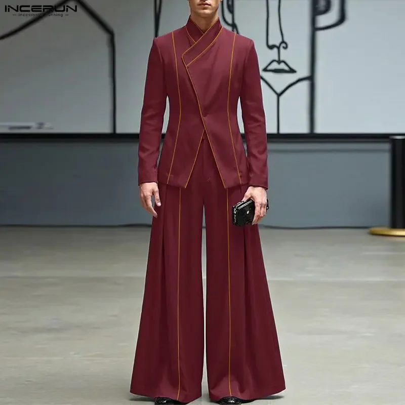 Мужские комплекты INCERUN: пиджак с длинными рукавами и одной пуговицей в стиле пэчворк и брюки с широкими штанинами, комплект из двух предметов, уличная мода, мужские повседневные костюмы Мужские комплекты INCERUN: пиджак с длинными рукавами и одной пуговицей в стиле пэчворк и брюки с широкими штанинами, комплект из двух предметов, уличная мода, мужские повседневные костюмы