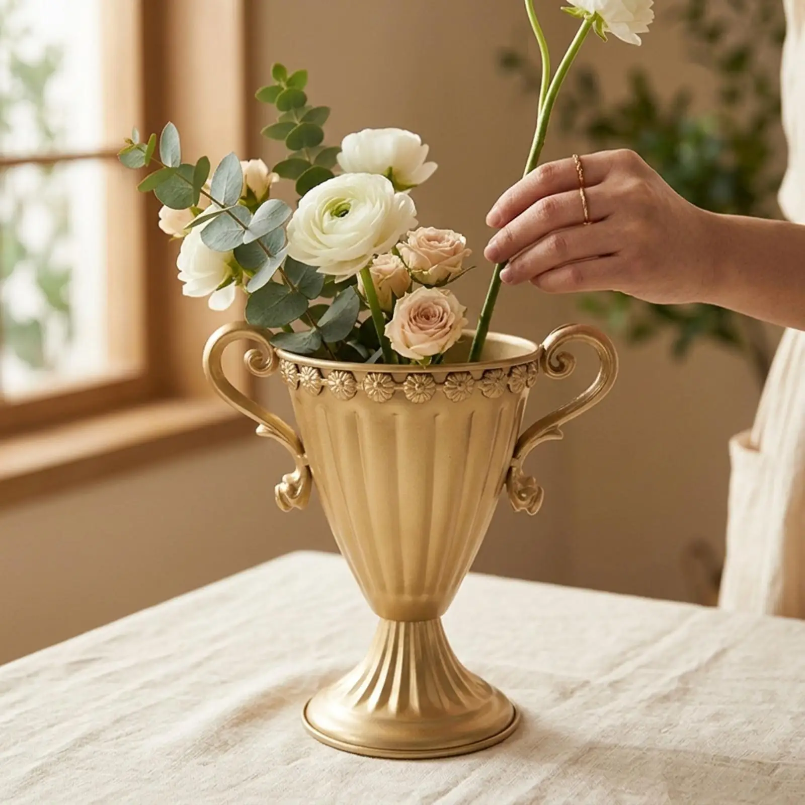 Antique Style Iron Vase with Side Handles for Fresh Faux Floral Displays Elegant Room Centerpiece Decor