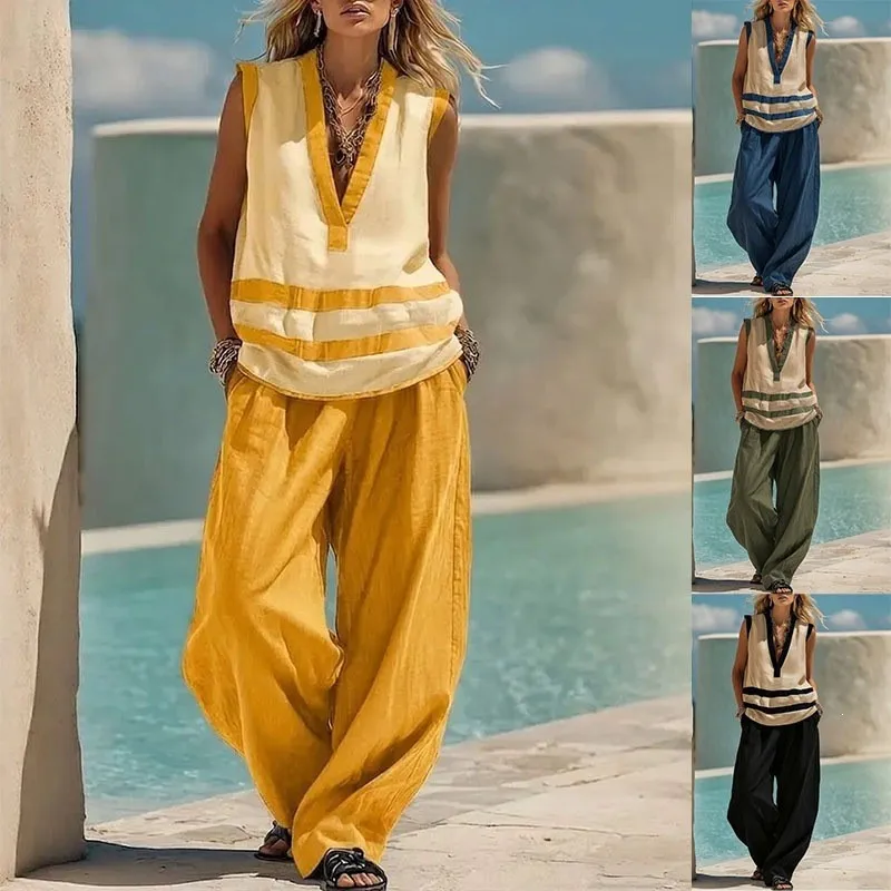 

New Summer Casual Color Blocked Deep V Neck Sleeveless Top Women's Suit Fashion Loose Pocket Wide Leg Pants Vacation Suit Female