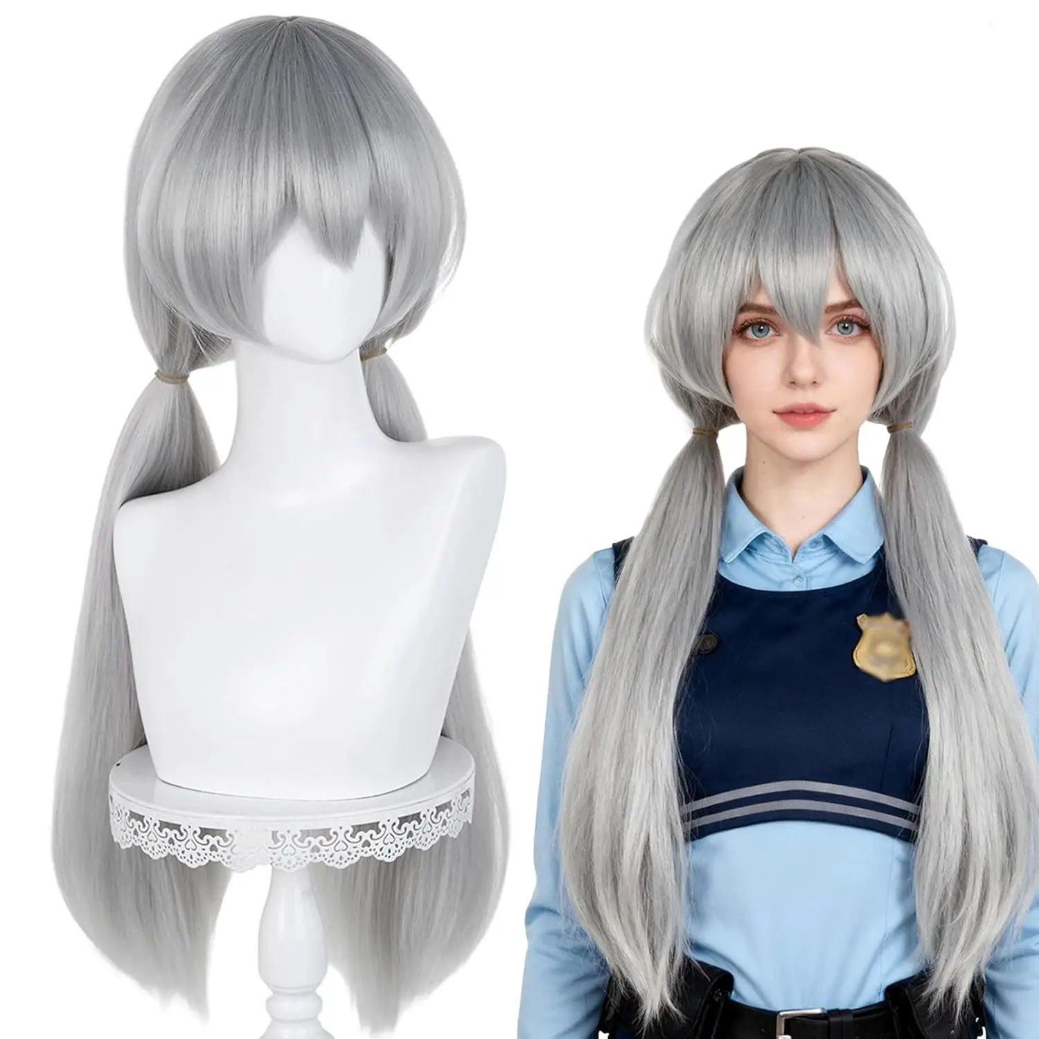 Aicos Long Gray Ponytail Wig for Women Silver Grey Cosplay Wig with Two Ponytail Wig for Halloween Costume Party
