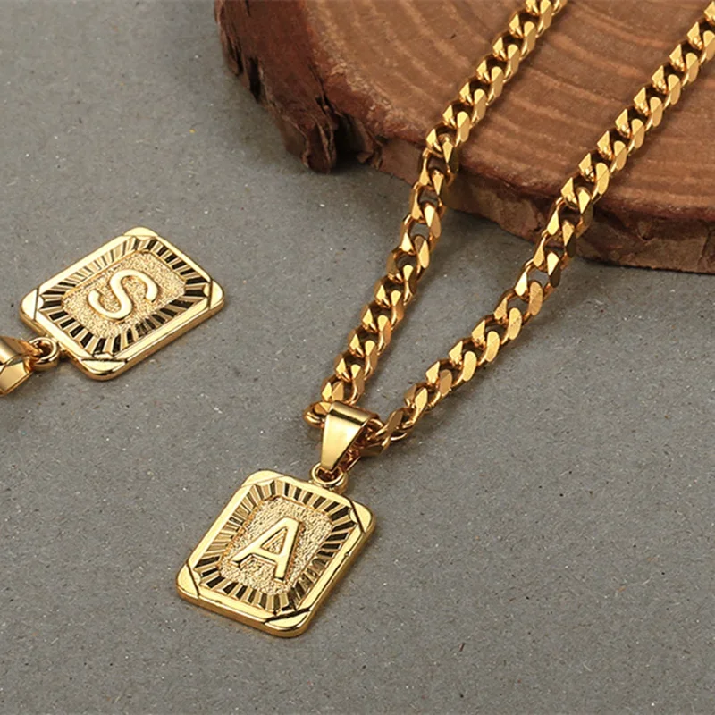 Fashion 26 Letter Gold Color Pendant Necklace for Men Women O Chain Link Charm Square Initial Necklace Choker Jewelry