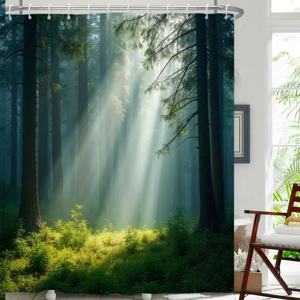 

1 шт. занавеска для душа Tranquil Forest Path, сосны Sunlit, пишная зеленая листва, мягкие тени, спокойная волшебная атмосфера, 12 крючков