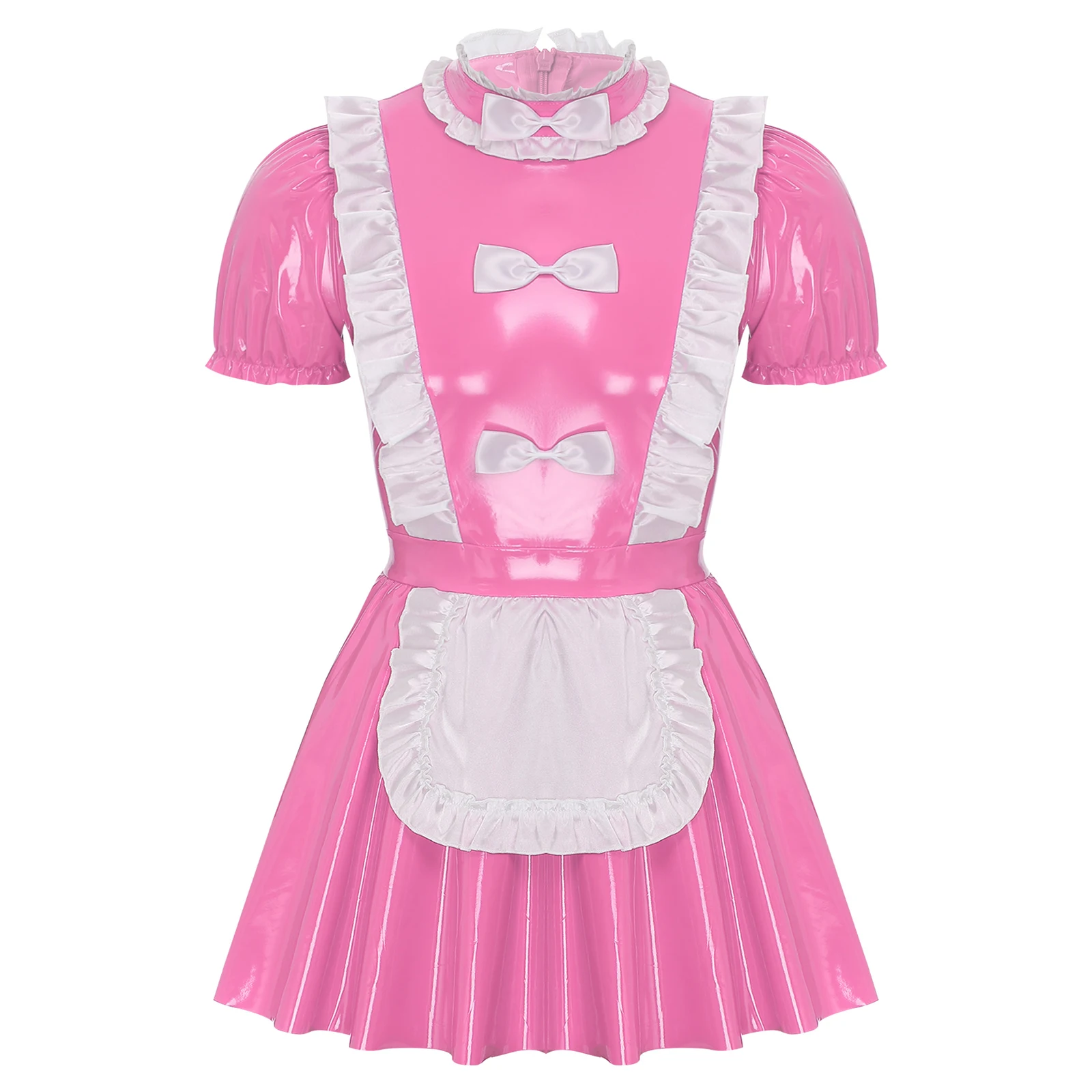 Mens Sissy French Maid Dress Ruffles Trim Bow Apron Puff Sleeve A-Line Dress Naughty Maid Uniform Glossy Patent Leather Clubwear