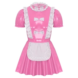 Mens Maid Dress Role Play Costumes Rave Party Carnival Naughty Maid Uniform Puff Sleeve A-Line Dresses Patent Leather Clubwear