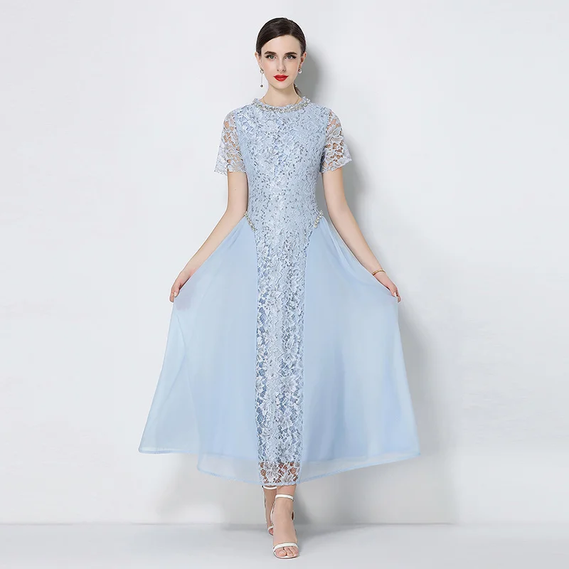 

Summer Beaded Diamonds Embroidery Women's O-Neck Short Sleeve Lace Patchwork Long Evening Prom Party Dress