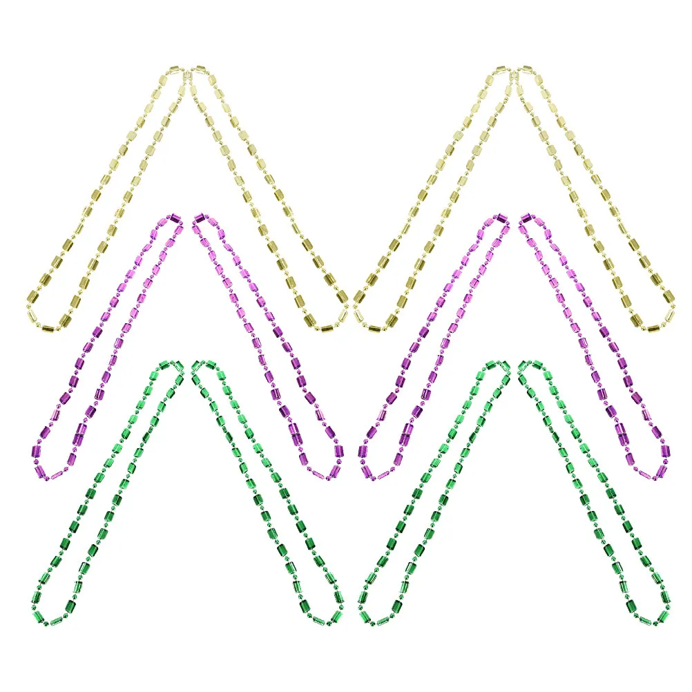 Juego de 12 collares con cuentas de colores dorado, morado y verde, ideal como accesorio de joyería para fiestas de carnaval y para complementar disfraces de festivales mexicanos.