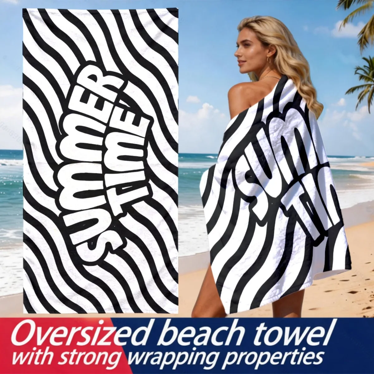 Black and white waves SUMMER TIME polyester microfiber beach towel is highly absorbent, suitable for swimming and beach outings