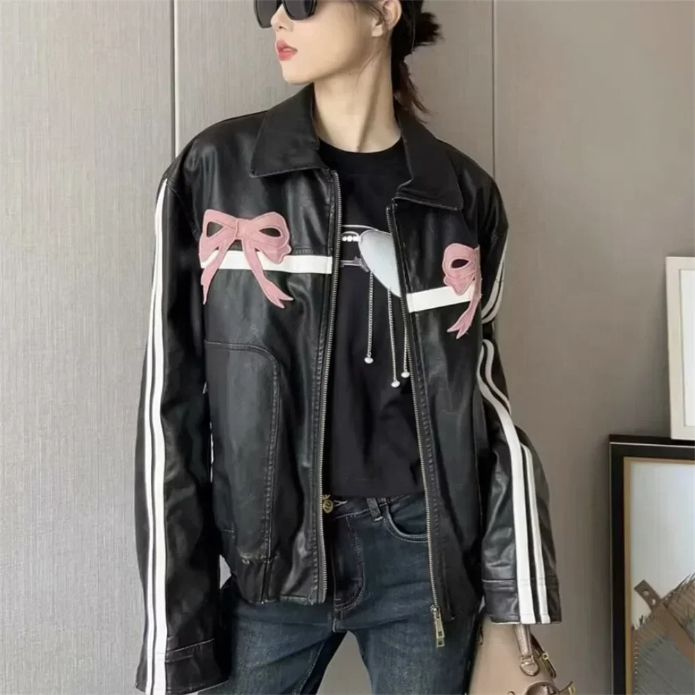 Spring New Women's Fashion Style Loose And Versatile Sweet Cool Bow Decoration Flip Collar Leather Coat