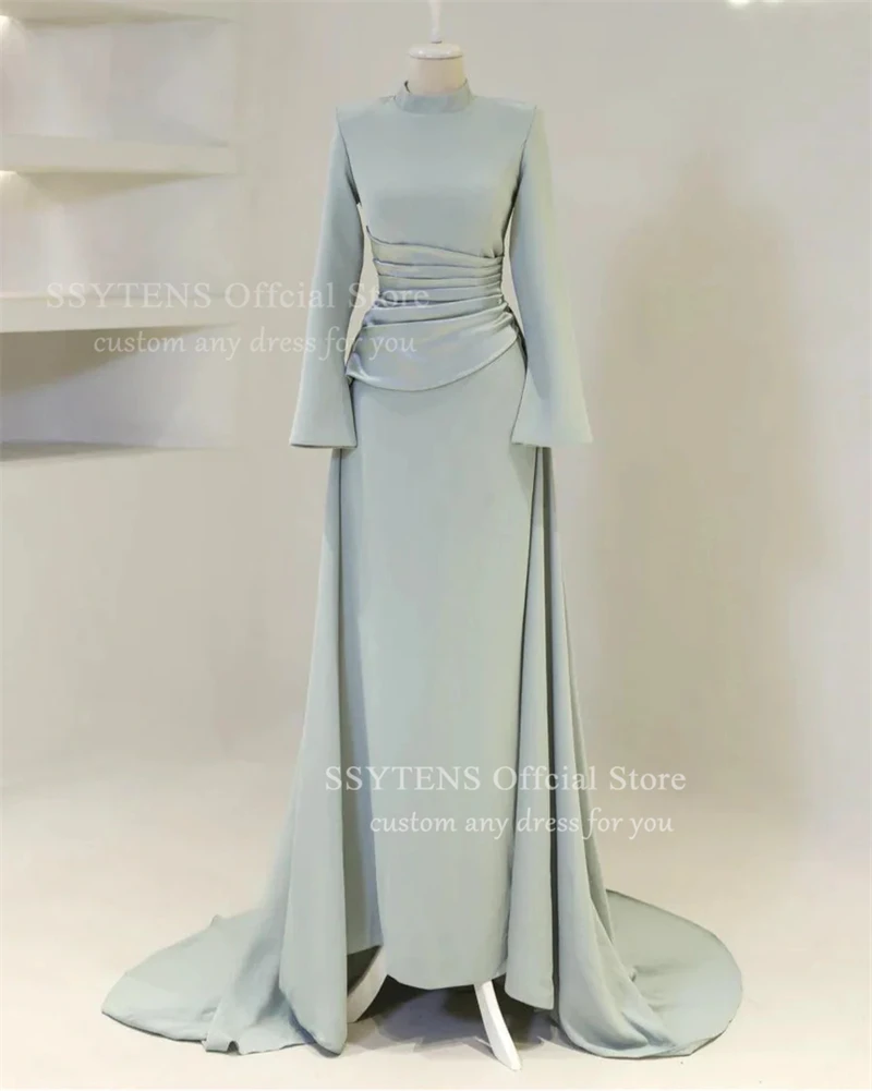SSYTENS Elegant Burgundy Prom Dresses High-Neck Long Sleeves Mermaid Evening Dresses Muslim Satin Formal Gowns Dubai Customized