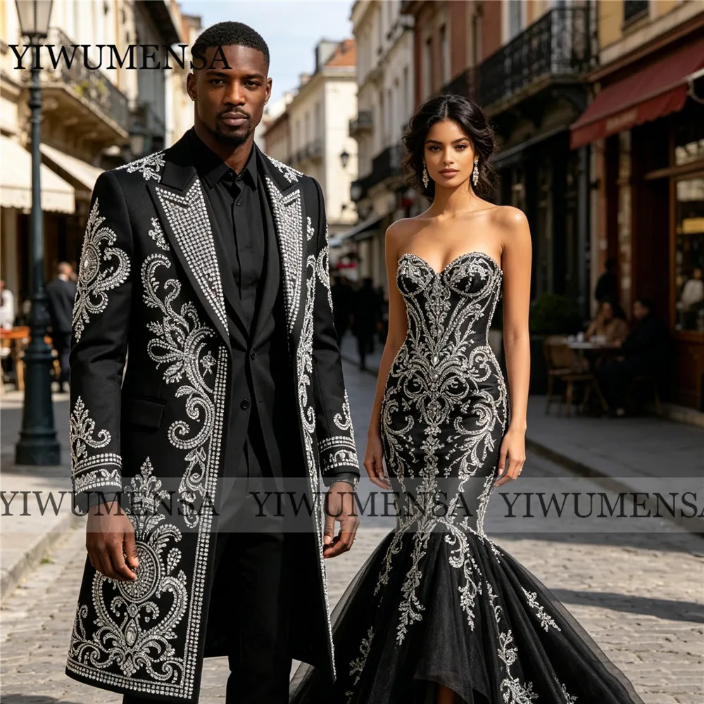Exclusive Wedding Suit For Man Beaded Stones Groom Blazer Long Customized Single Breasted Jacket Pants 2 Piece Sets Ropa Hombre
