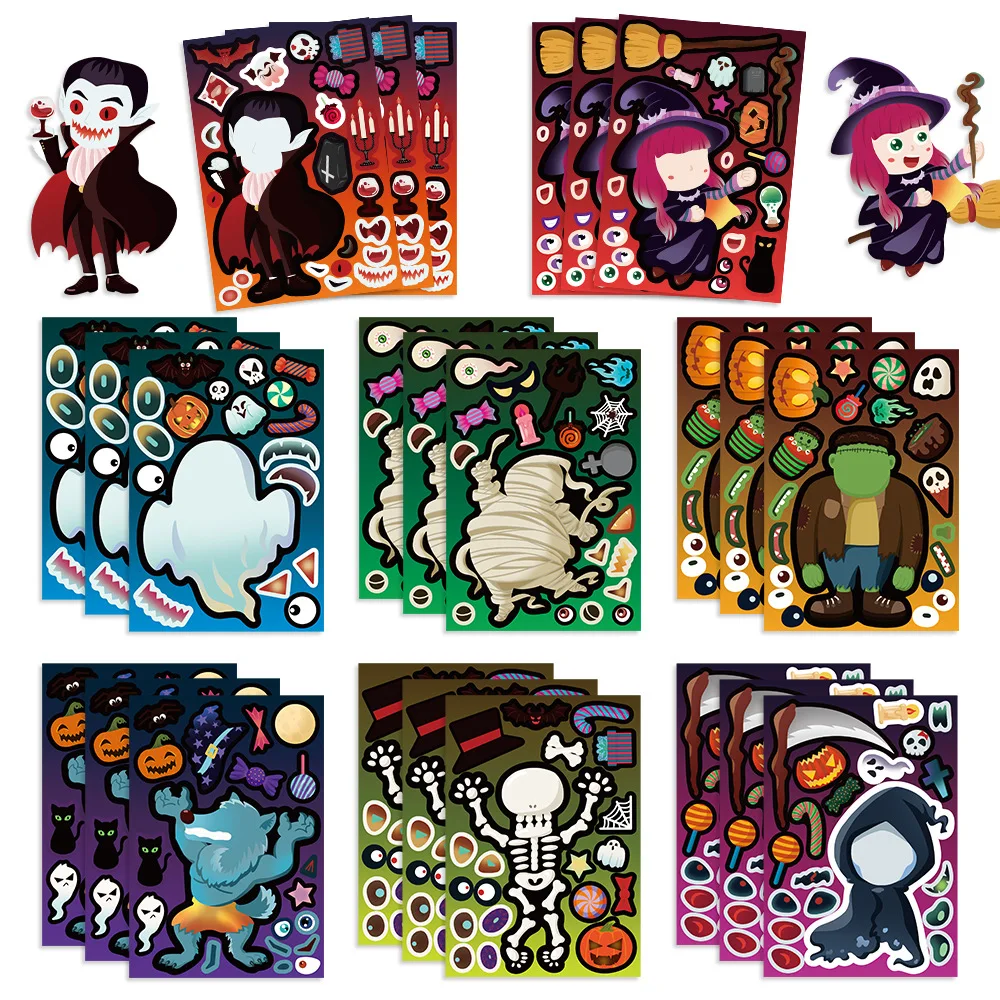 

8/16Sheets Halloween Party Make a Face Puzzle Stickers Festival Cartoon Decal DIY Laptop Phone Guitar Skateboard Cup Kid Toys