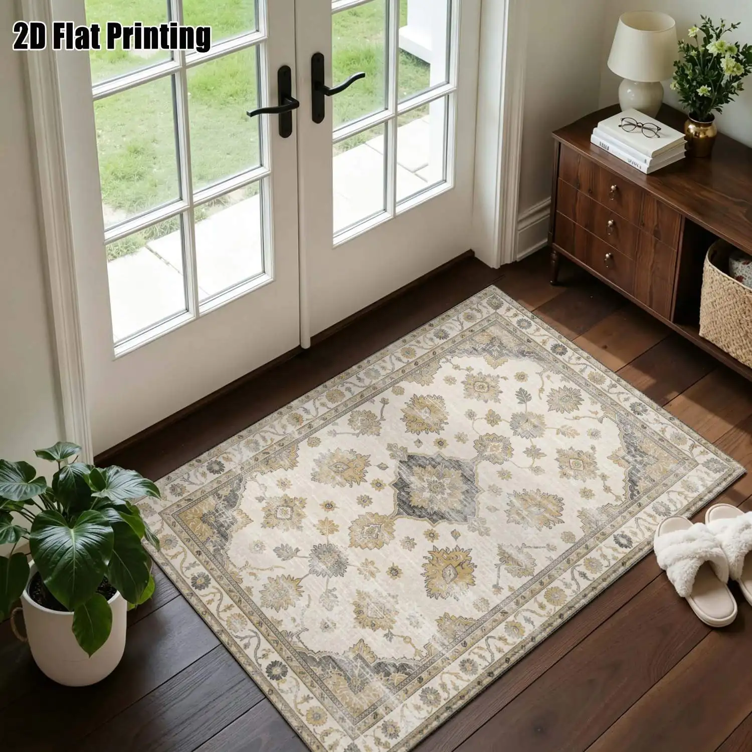 1Pc 2D Printed Retro Floral/Beige Geometric Vintage Carpets, Machine Washable, Multi-Size Home Decor Rugs for Living Room, Bedroom, Dining Room, Entrance, Study