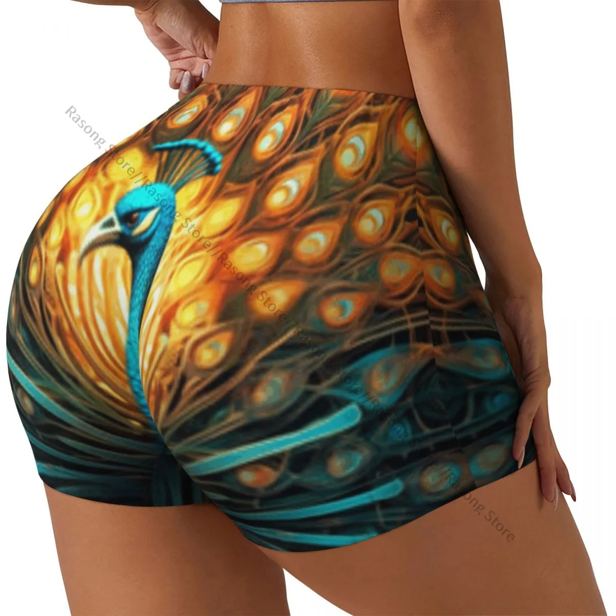 女性用スパンデックスヨガショーツカラフルなピーコックファンタジーフラクタルデザインワークアウト戦利品ショーツ