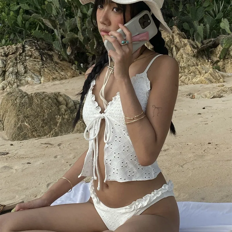 

2026 женский костюм в корейском стиле, женский купальник из трех предметов, праздничный купальник, бикини, комплект танкини для летних каникул, белый