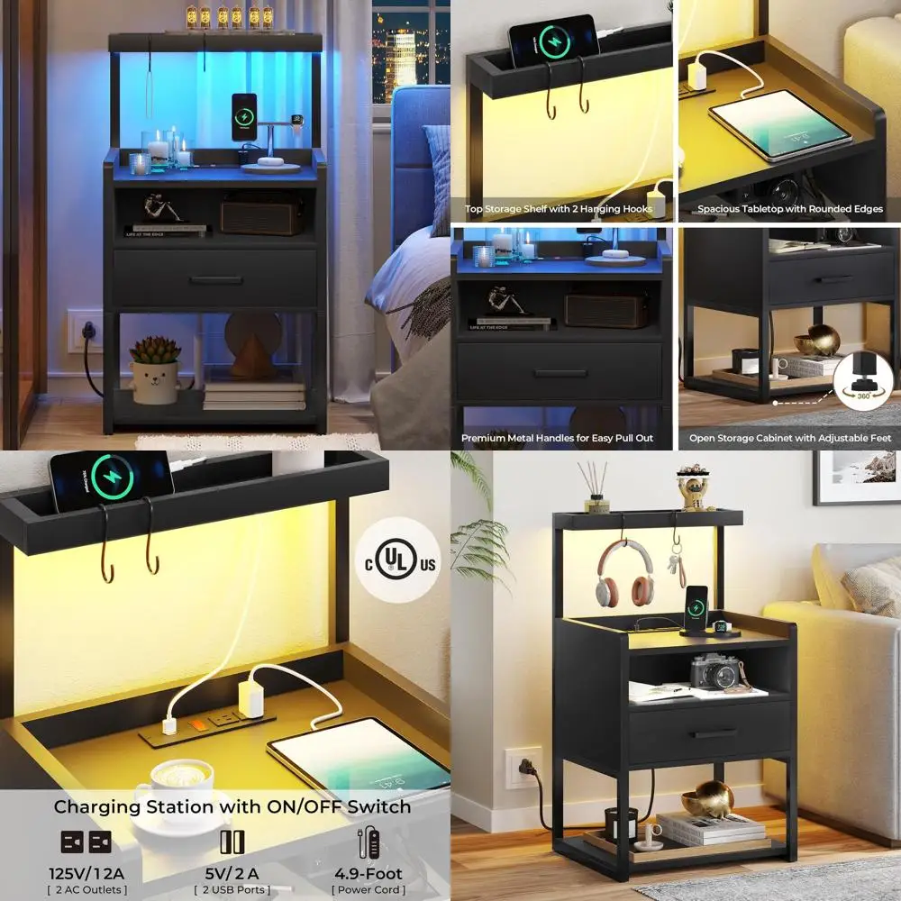 

Black Modern Nightstand with Charging Station, LED Lights, and Storage Shelves for Bedroom or Office