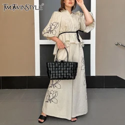 TWOTWINSTYLE Solid Printing Two Piece Sets For Women Lapel Puff Sleeve Top High Waist Wide Leg Pant Casual Set Female Fashion