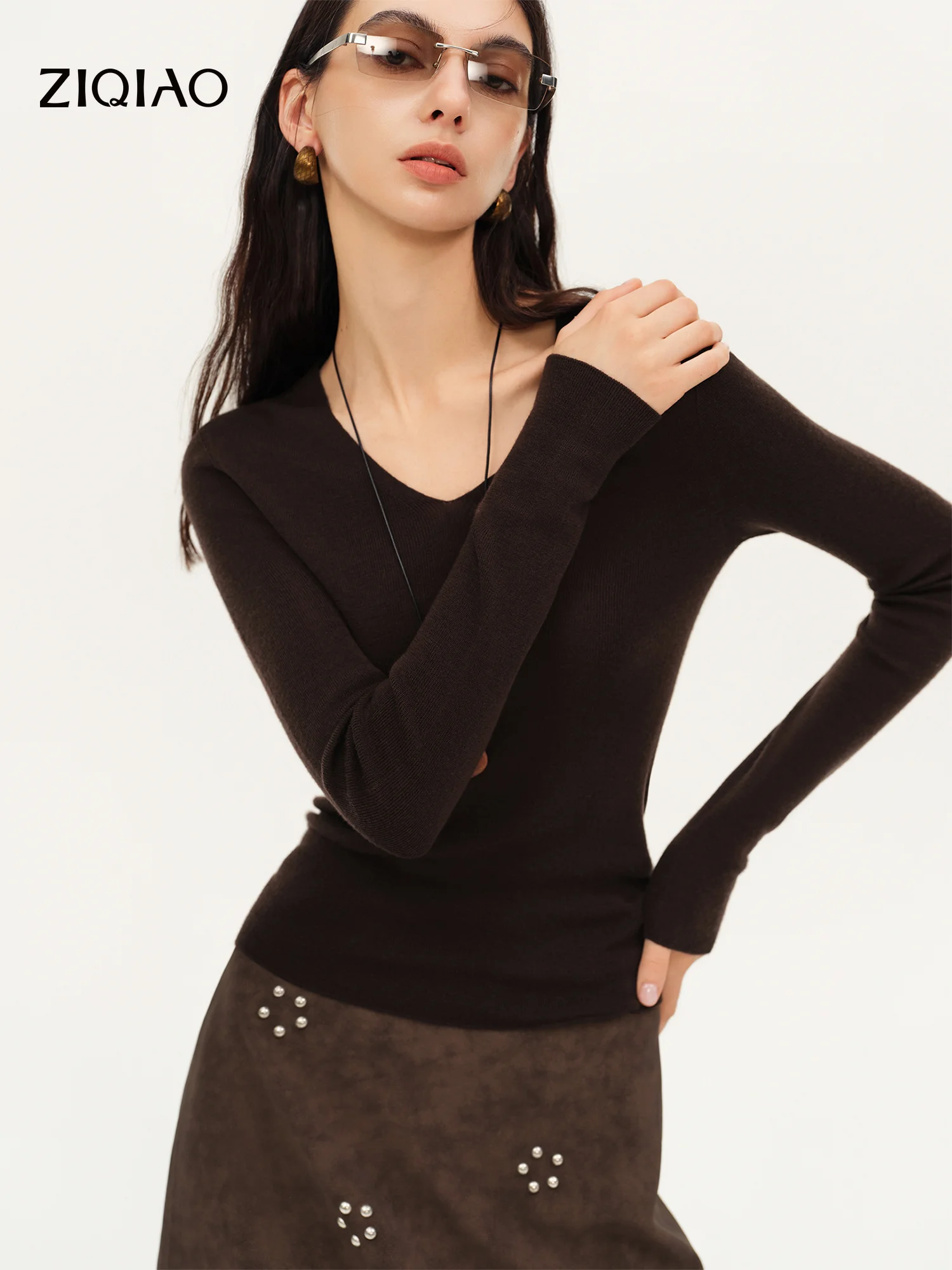 ZIQIAO Women's 100% Washable Wool Sweater, 18‑Needle Yangzi Yarn Knit Pullover Jumper 2026 Autumn New Arrival Soft Knit Top